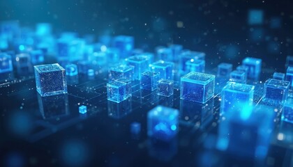 Obraz premium Abstract digital tech background with glowing blue cubes. Modern futuristic art with neon light effect. Cyber network concept. AI generated illustration for business design.