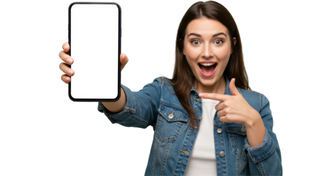 marketing, woman holding and showing a large smartphone with blank screen to the camera – isolated on white background, perfect for mockups, app previews, or phone screen UI templates