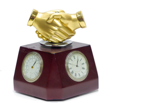 High resolution images of vintage clock and barometer on stand Two handshake sculptures on white background Friendly handshake for display or gift