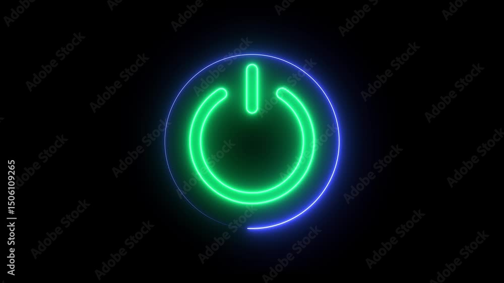 Poster neon glowing power button sign icon. power button on off icon animation with neon circle.