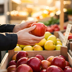Choosing Fresh Red Apples at a Sunny Farmers Market: Hands Selecting Ripe Fruit from a Wooden Crate. Healthy Local Produce Shopping.