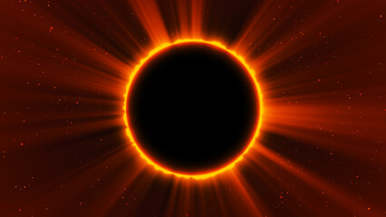Abstract fantasy background. Amazing scientific natural phenomenon. Total solar eclipse with bright ring effect glowing with rays. Solar corona is visible. 3D rendering.