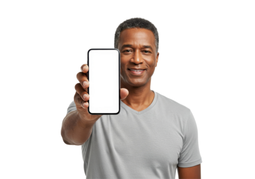 Aged man showing smartphone with blank screen isolated on white background PNG. Senior male holding mobile for marketing, app showcase, digital promotion, technology demonstration, and product 