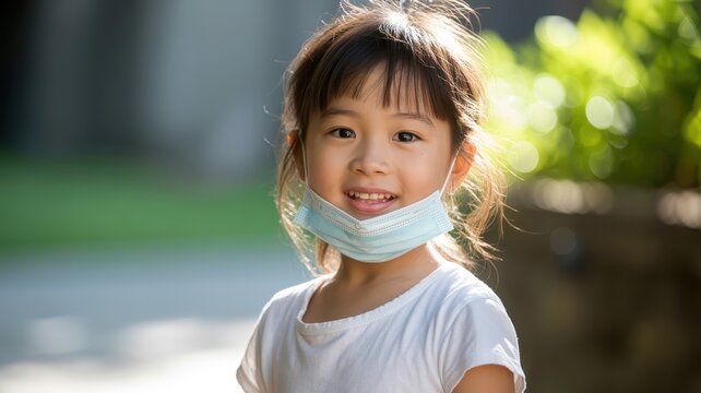 A young child, possibly of East Asian descent, smiles widely with a medical face mask pulled down below their chin, suggesting a moment of play or relief.