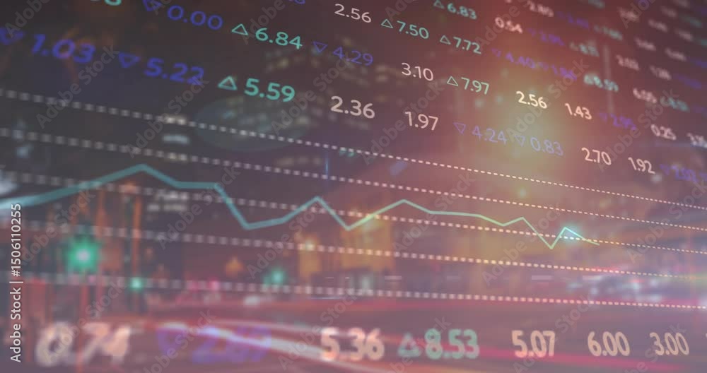 Aufkleber with turquoise digits appearing, transparent overlay scrolling financial chart visualizing trends