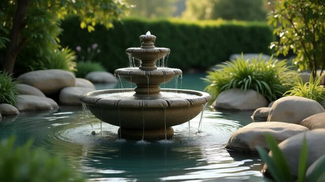Water fountains in a shaded garden with feelings of Zen and tranquility.  Flowing water fountains with water spilling over the edges in soft light. Green plants and rocks surround water fountains.