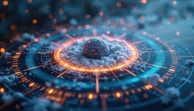 Abstract futuristic digital interface design with snow prediction data. Blue, orange colors. Computer technology graphic for weather forecasting analysis, science or business.