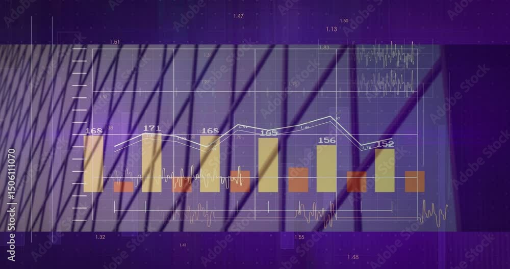 Poster yellow bars fading, sliding with labels updating and line graph pulsing to visualize data
