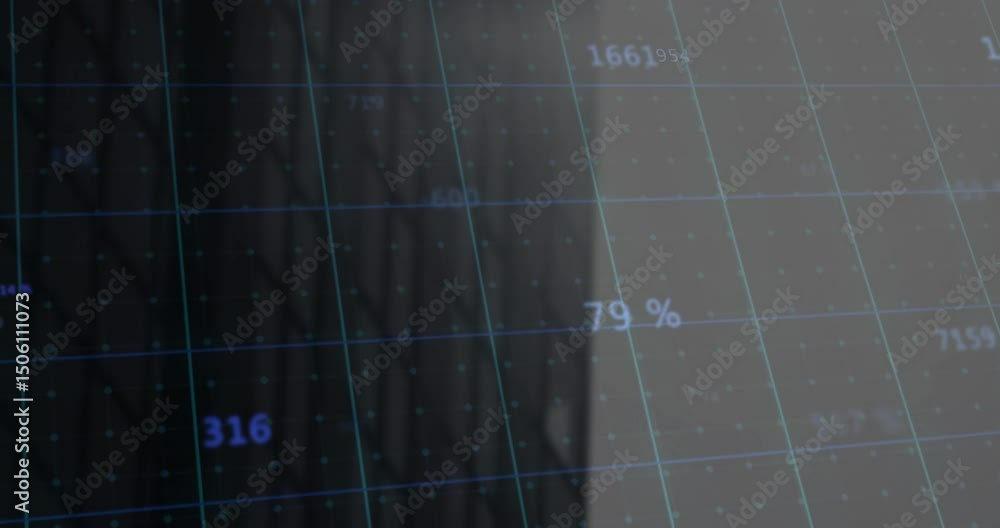 Poster receiving data updating grid numeric values cycling 4-digit % declining sign shifting for analytics