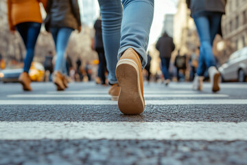 A group of people crosses a street on a pedestrian crosswalk in a big city, low close up view of legs on shoes