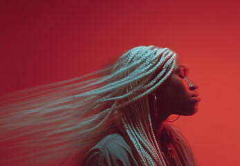 african woman with long white braids, photo made in motion blur