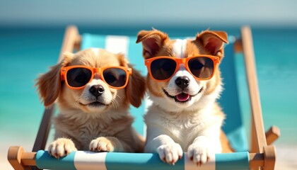 Two cute dogs wear sunglasses relaxing in beach chair. Funny pets enjoy summer vacation on shore. Happy animals rest in sunny tropical resort. Doggy buddies have fun on sea. Relaxed doggy.