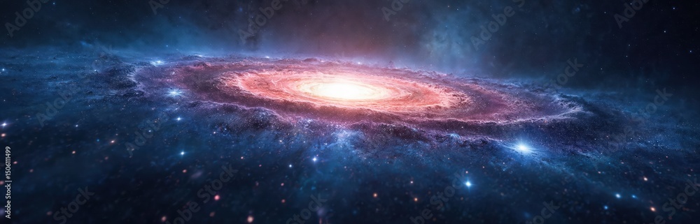 Wall mural panoramic shot of spiral galaxy somewhere in outer space. cosmic wallpaper featuring stars nebula, e
