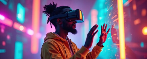 African man explores metaverse world using VR headset. Touches virtual reality objects with hands. Modern tech user interacts with digital interface in cyber world. Futuristic digital experience.