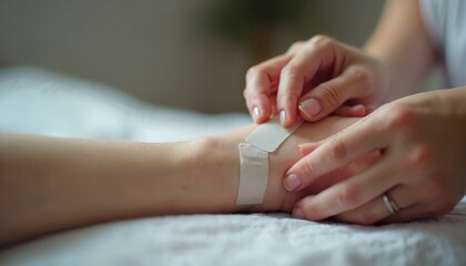 Gentle hands apply medical adhesive bandage to arm. Minor injury wound treatment. First aid concept. Healthcare for cuts, scrapes. Safety, recovery from pain. Medical supplies protection.