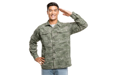A smiling individual wearing a camouflage jacket is saluting, showcasing a gesture of respect. The scene captures a proud moment, reflecting military values.