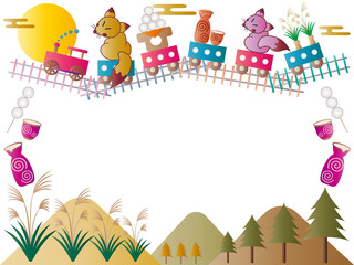 お月見■お月見列車とキツネのフレーム■ポストカード