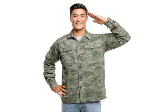 A smiling individual wearing a camouflage jacket is saluting, showcasing a gesture of respect. The scene captures a proud moment, reflecting military values.
