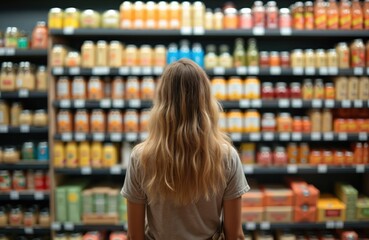 Fototapeta na wymiar Back view young woman selects groceries in supermarket. Female shopper considers food choices. Healthy eating, lifestyle concept. Grocery store shelves with various food products. Shopping,