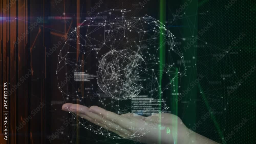 Poster hand entering tech backdrop causing holographic globe forming above palm, spinning and pulsing code