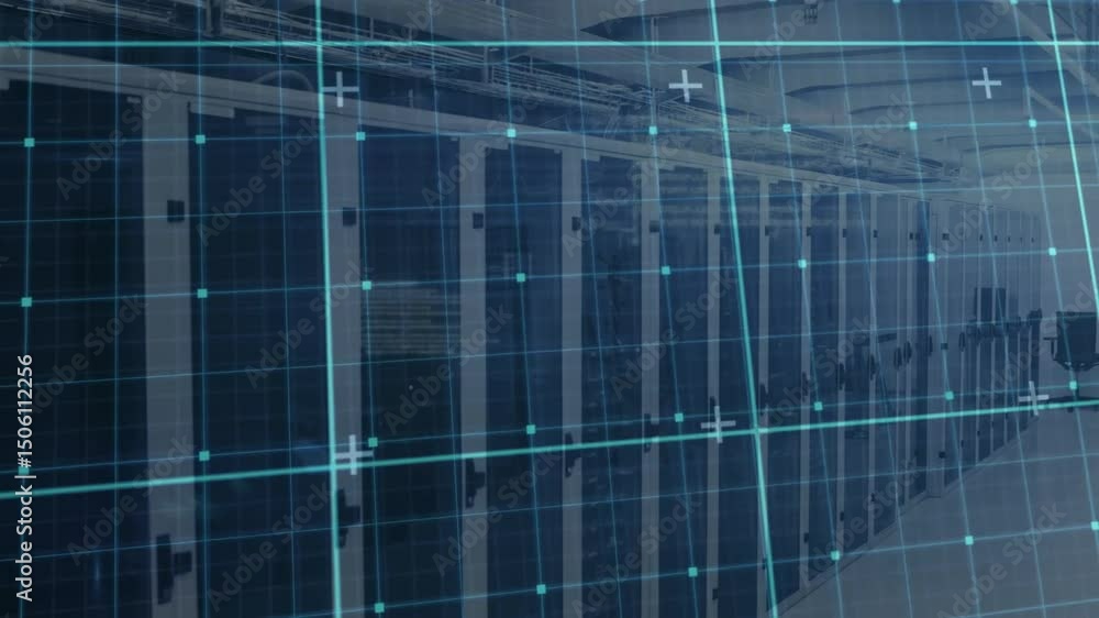 Poster playback starting, central server racks receiving shifting digital grid overlay mapping data flow