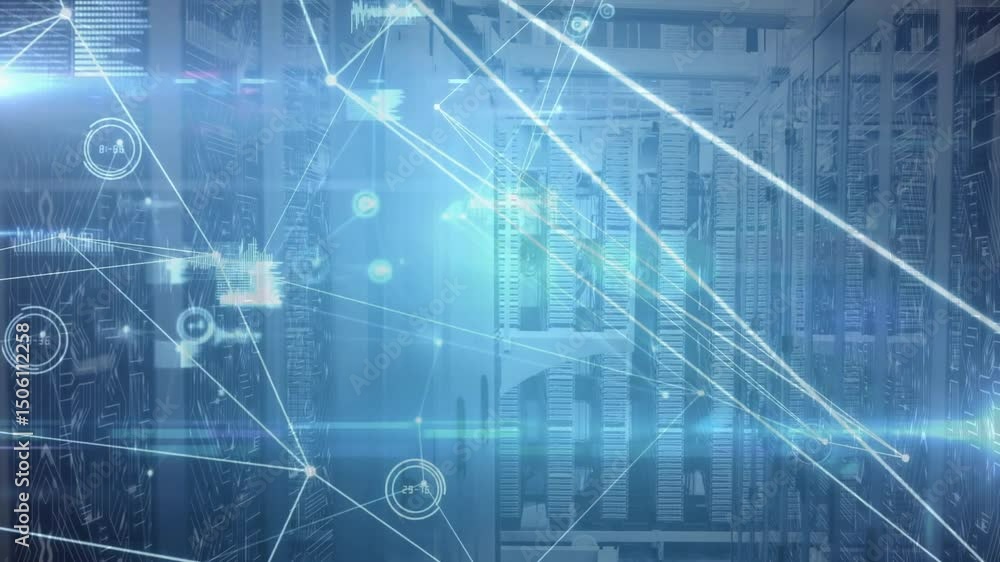 Poster on system scan, network nodes and lines animating and visualizing topology over server racks