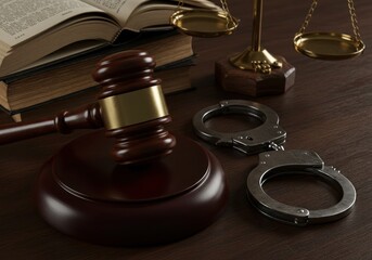 Justice scene gavel law books handcuffs