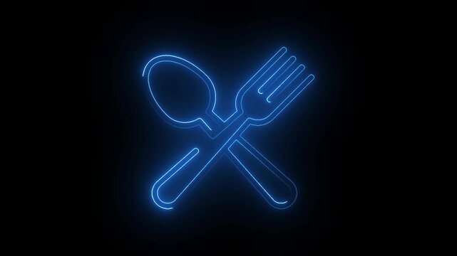 Fork and knife icon with modern neon glowing animation on black background.