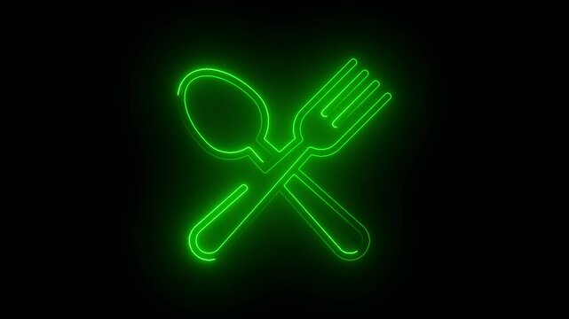 Fork and knife icon with modern neon glowing animation on black background.