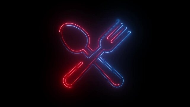 Fork and knife icon with modern neon glowing animation on black background.