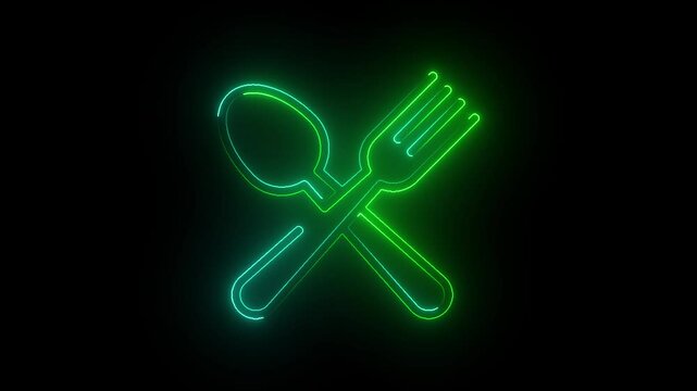 Fork and knife icon with modern neon glowing animation on black background.