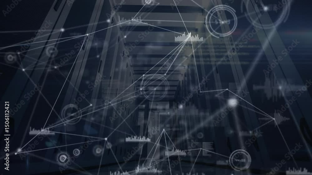 Poster upon camera sliding forward, 3d network overlay visualizing data flow, linking glowing nodes