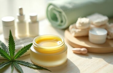 CBD lip balm jar near green cannabis leaves. Bottles and towel. Hemp cosmetic product for skincare and bodycare. Natural ingredients herbal medicine. Spa wellness treatment.