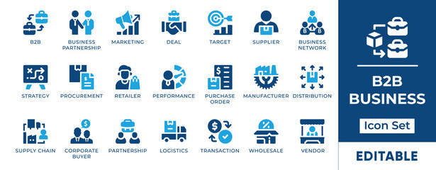 B2B icon set featuring business networking, deal, SaaS, analytics and partnership. Perfect for B2B platforms, websites, apps and marketing visuals.
