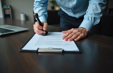 Businessman stamps approval on legal documents in office. Man in formal wear validates contracts with rubber stamp. Workplace scene with laptop and clipboard.