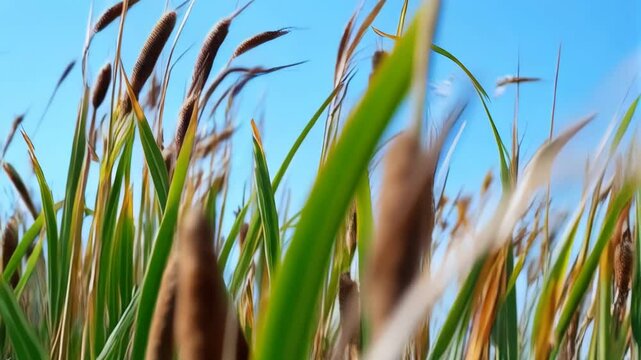 Closeup view of brown cattails swaying gently in the breeze with tall green and brown grass against the backdrop of a soft blue sky.