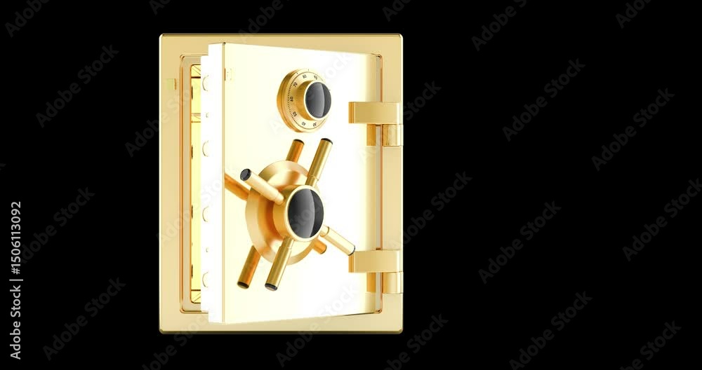 Poster golden safe box. opening empty safe box with combination lock and closing, animation seamlessly loop