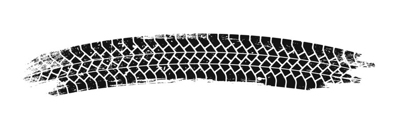 Grunge black tire track mark with rugged texture in a curved shape on white background. Concept of vehicle movement, off-road driving. Vector illustration © Rudzhan