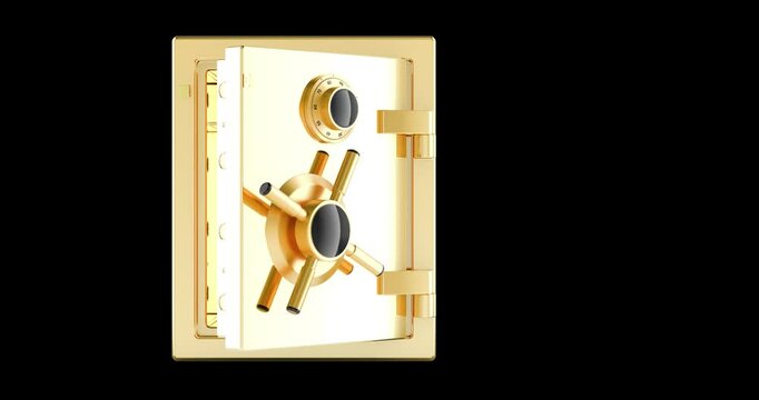 Golden SAFE BOX. Opening empty safe box with combination lock and closing, animation seamlessly loopable. 3D rendering isolated on transparent background