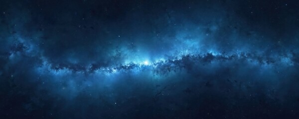 Fototapeta premium Deep blue space galaxy filled with stars and nebulae. Bright light illuminates the cosmos. Abstract wallpaper for tech projects. Outer space background. Dark starry night sky.