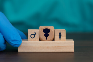 Men's health. A doctor's hand shows a cube with male gender icons. Prostate cancer concept, medical...