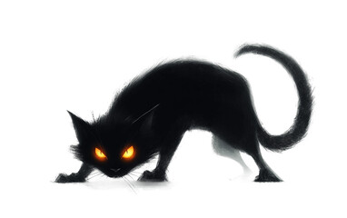 Frightening black cat with arched back and glowing eyes set against Halloween backdrop Isolated on Transparent Background