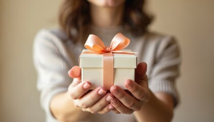 Woman holds gift box with coral ribbon. Giving present holiday celebration. Gift giving concept. Package for birthday, valentines. Hands with manicure. Surprise, positive emotion, joy. Holiday