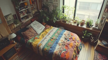 Boho chic bedroom with vibrant textiles, plants, and natural wooden furniture, creating a cozy and eclectic vibe