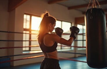 Strong athletic woman trains punches in boxing gym. Female boxer exercise on punching bag. Training day. Fitness, healthy lifestyle, self-defense, fight. Determination, power, workout, motivation.