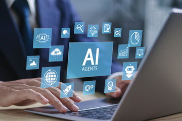 AI agent and generative artificial intelligence concept. Intelligent assistant with command prompt interface. Robotic processes automation and data analysis. Businessman use laptop with AI agent icon.