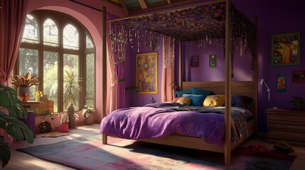Boho chic bedroom with vibrant textiles, plants, and natural wooden furniture, creating a cozy and eclectic vibe