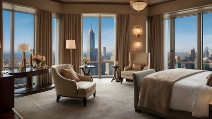 Luxurious Hotel Bedroom with Panoramic Night City View and Elegant Decor