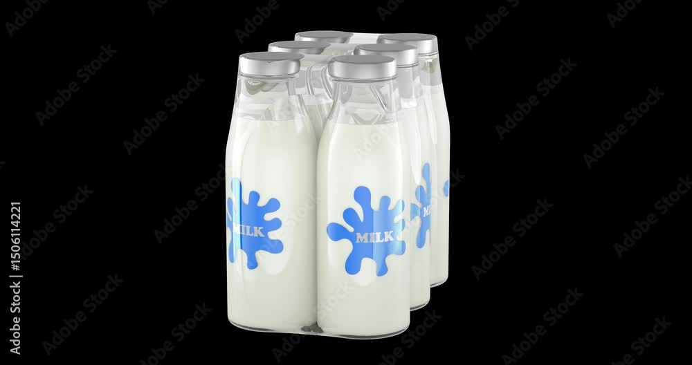 Poster milk bottles package in shrink film, rotating. 3d video animation, seamlessly loopable. 3d rendering