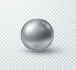 Chrome metal ball isolated on transparent background. Vector 3d silver bead, steel sphere, metallic bearing or glossy grey bubble with shadow